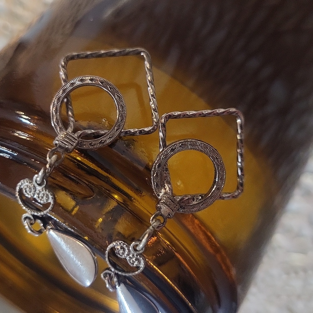 L.H. Segal California Silver Tone Geometric Drop Earrings Signed